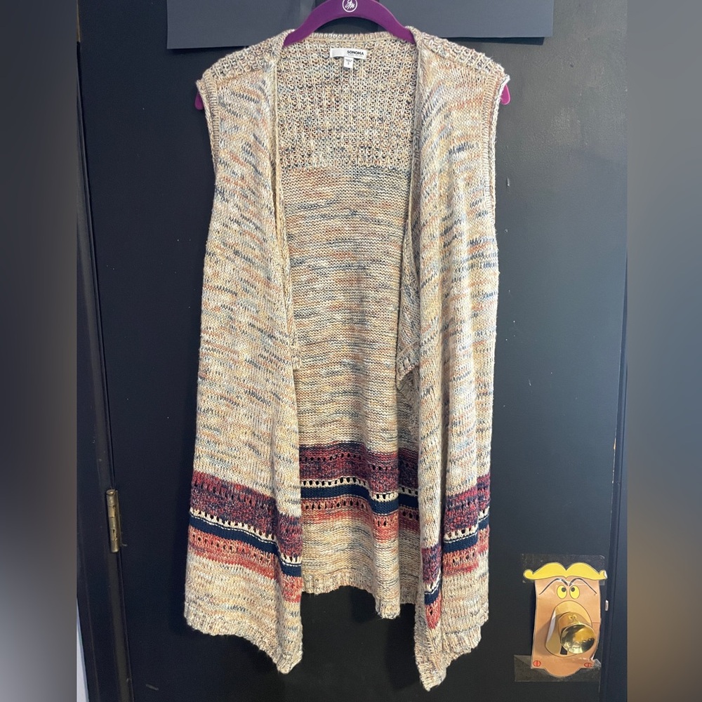 Sonoma Beige and Burgundy Knit Cardigan